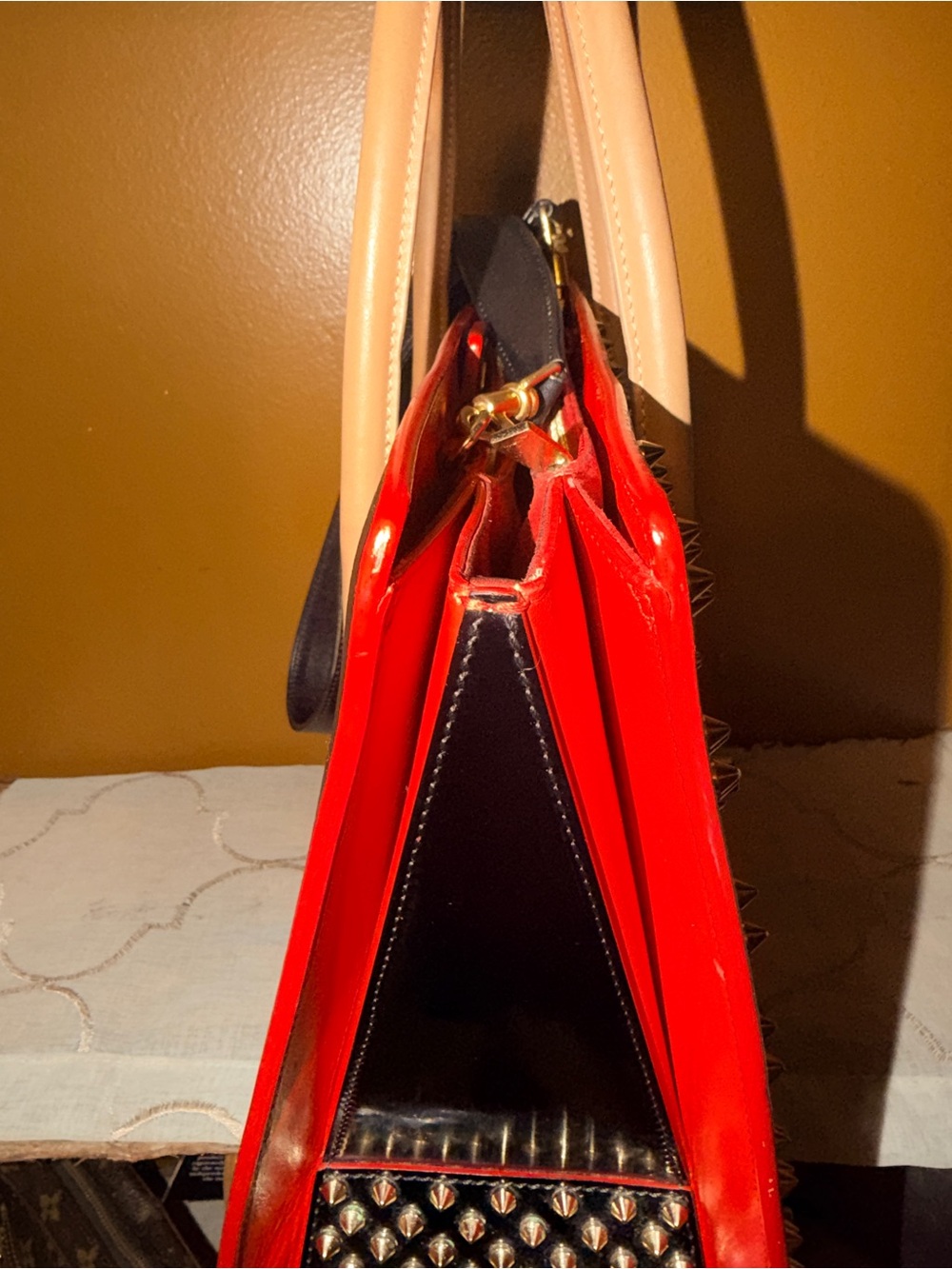 Christian Louboutin Paloma Medium Black Tote with Tan Handles and Gold Accents - Picture 6 of 16